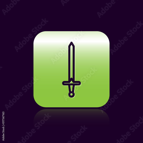 Black line Medieval sword icon isolated on black background. Medieval weapon. Green square button. Vector Illustration