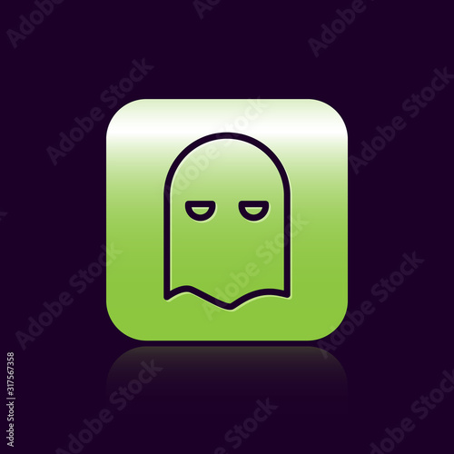Black line Executioner mask icon isolated on black background. Hangman, torturer, executor, tormentor, butcher, headsman icon. Green square button. Vector Illustration