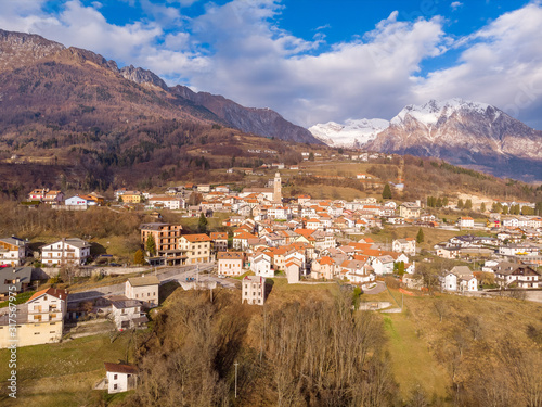 Arial view of Pieve D'Alpago - the old village in Dolomites Alps in Italy