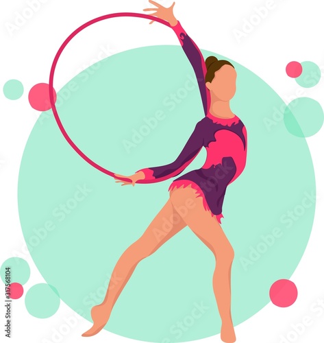 Young girl rhythmic gymnastics with hoops vector illustration. Training performance strength gymnastics. Championship workout rhythmic gymnastics beautiful character.Women Acrobatic Gymnastics, flat