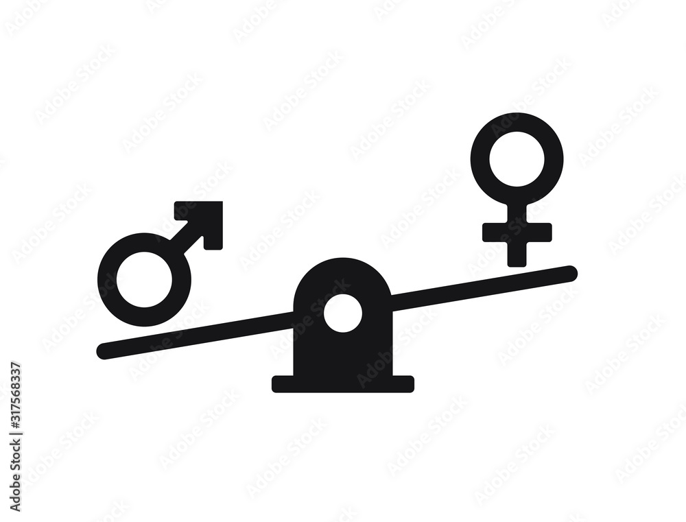 Vector flat black gender equality concept. Man and woman symbols balancing on scales isolated on white background Vector flat black gender equality concept. Man and woman symbols balancing on scales isolated on white background