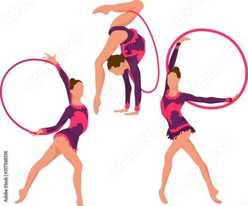 Set girl rhythmic gymnastics with hoops vector illustration. Training performance strength gymnastics. Championship workout rhythmic gymnastics beautiful character.Women Acrobatic Gymnastics, flat