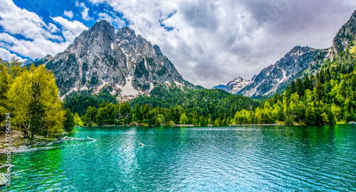 Alpine lake of San Mauricio in the Aigues Tortes National Park in the Spanish Pyrenees