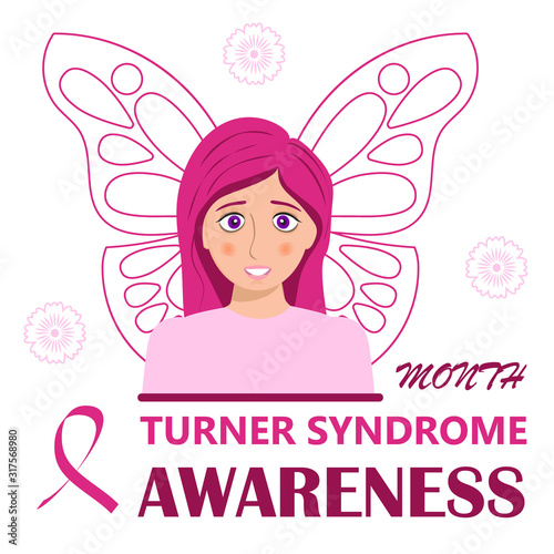 Turner Syndrome awareness month is celebrated ib February. Pink butterfly symbol vector on white background . Believe in miracles text and crimson ribbon. Signs, health issues of TS