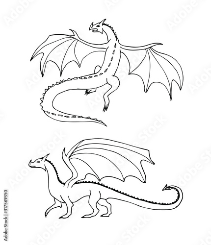 Vector set of two hand drawn doodle sketch dragons isolated on white background