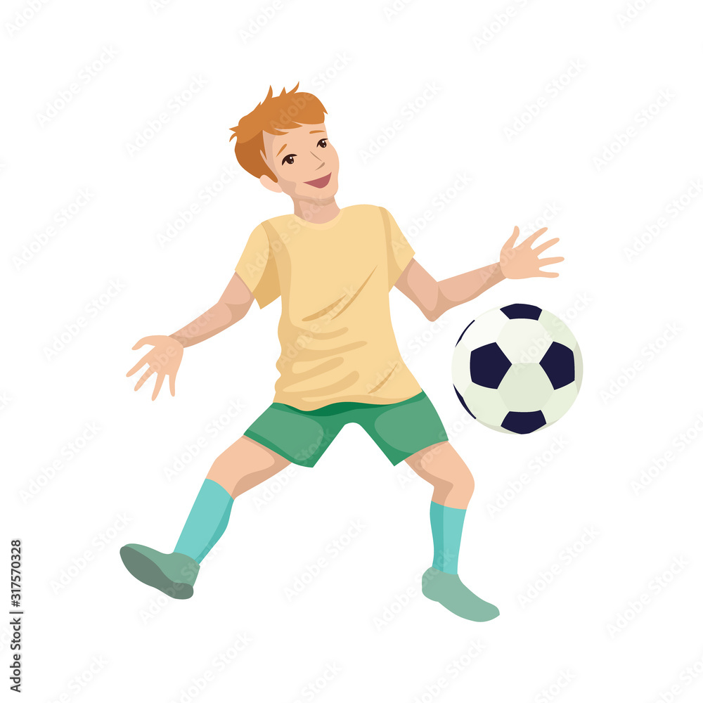 Child boy soccer player in training. Catching the ball. Character vector illustration