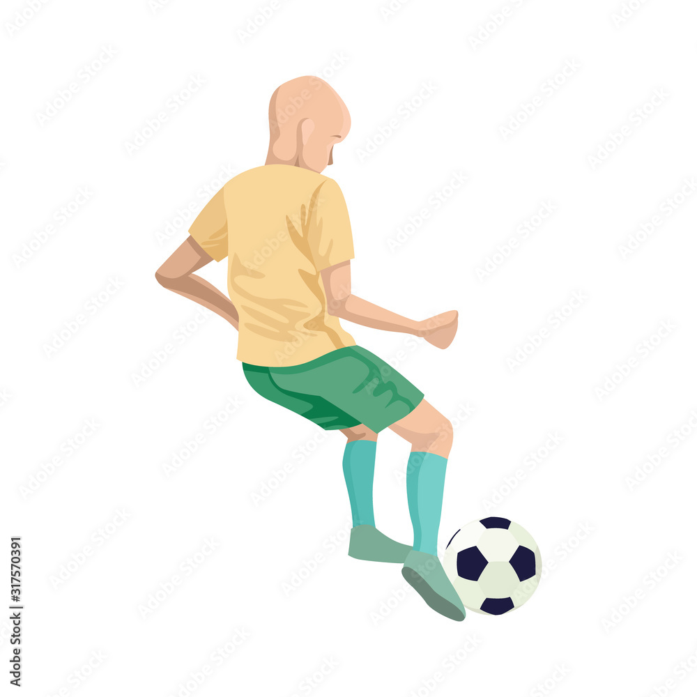 Child boy soccer player in training. Kicks the ball. Character vector illustration