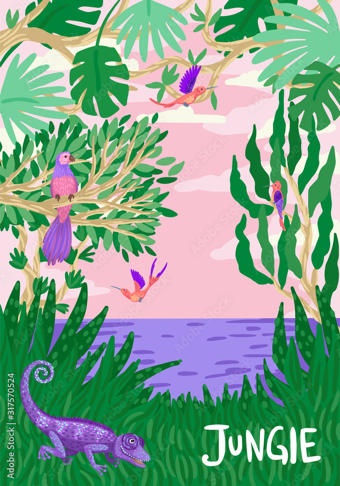 Tropical summer illustration with caliber and parrot. Vector card design.