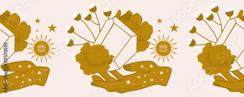 horizontal border with golden gems, flowers and celestials