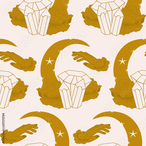 golden moon, hands and gems in a seamless pattern design