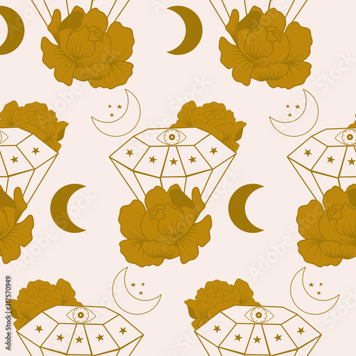 diamond gem, golden flowers and celestial elements in a seamless pattern design