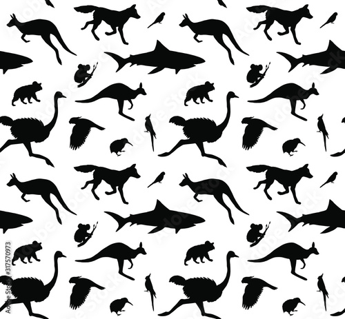 Vector seamless pattern of black Australian wild animals silhouette isolated on white background