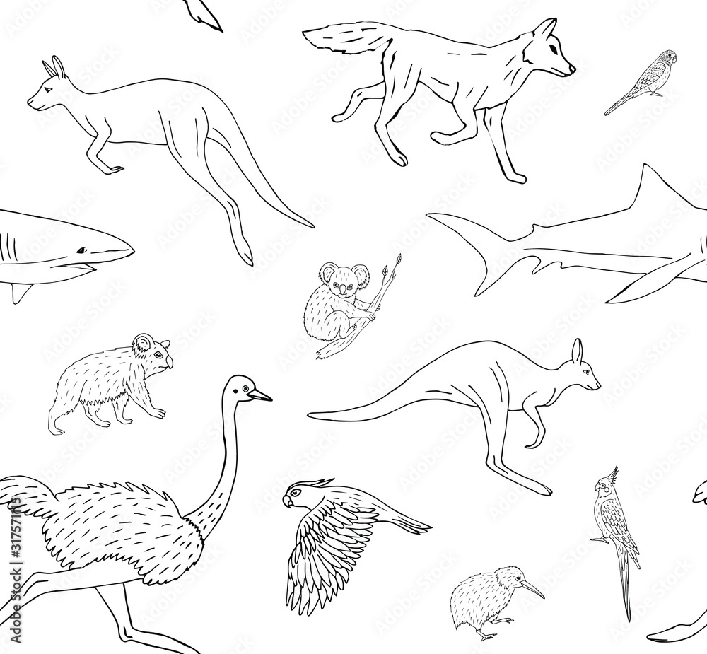 Vector seamless pattern of hand drawn doodle sketch Australian wild animals isolated on white background Vector seamless pattern of hand drawn doodle sketch Australian wild animals isolated on white background