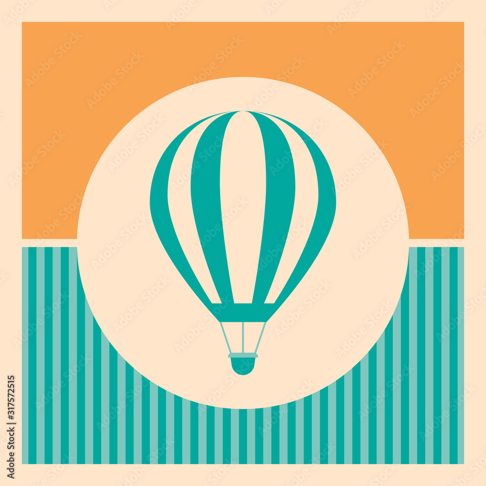 Blue hot air balloon retro icon on striped background. Blue hot air balloon retro icon on striped background.