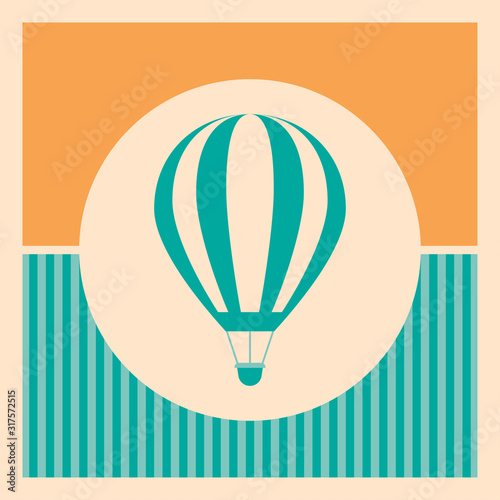 Blue hot air balloon retro icon on striped background.