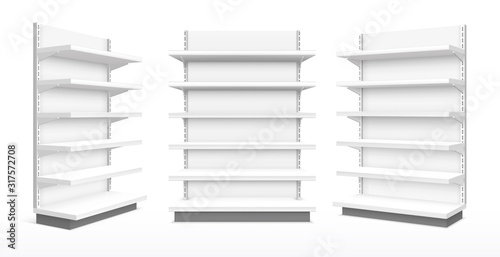3D realistic supermarket product display shelves