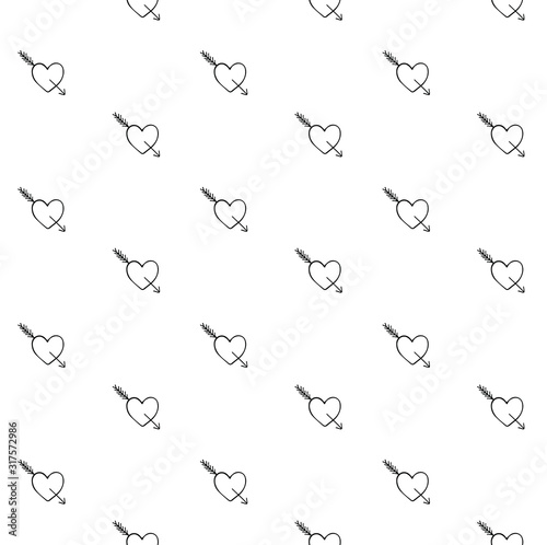 Vector seamless pattern of hand drawn doodle sketch heart with arrow isolated on white background