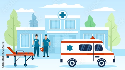Ambulance car, doctors, hospital wheel bad, building vector illustration. Man, women physicians in uniform, surgical gloves standing with first aid kit. Healthcare, medical treatment, transportation.