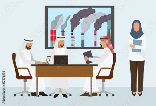 Arab businessmen sheikhs business meeting, agreement signing, deal conclusion vector illustration. Men with laptops and woman assistant. Smoking pipes of polluting industrial factory plant background.