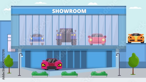Showroom cars for sale vector illustration. Front facade of modern building with different autos exhibition inside. Car dealership showroom for demonstration and vehicles trading.