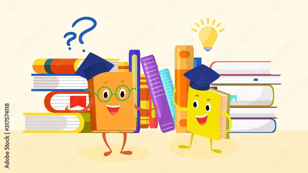 Reading books, learning, studying, education concept vector illustration  banner flat style. Happy funny cute cartoon book characters with questions  and ideas. Back to school. Stock Vector | Adobe Stock