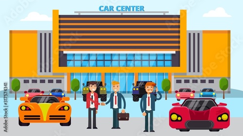 Car center vector illustration, different cars and people seller and buyers. Male autos dealership showroom manager and customer shake hands on sale purchase transaction.