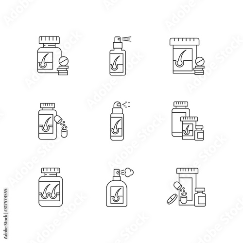 Hair loss pixel perfect linear icons set. Medicament for alopecia. Vitamin supplements for hair thinning. Customizable thin line contour symbols. Isolated vector outline illustrations. Editable stroke