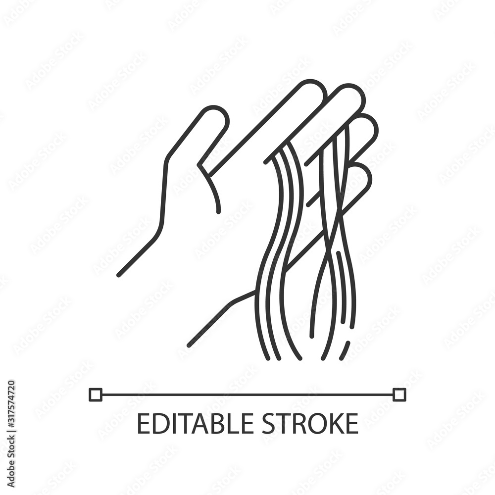 Hair strands on hand pixel perfect linear icon. Alopecia and hairloss. Dermatology issue. Thin line customizable illustration. Contour symbol. Vector isolated outline drawing. Editable stroke Hair strands on hand pixel perfect linear icon. Alopecia and hairloss. Dermatology issue. Thin line customizable illustration. Contour symbol. Vector isolated outline drawing. Editable stroke