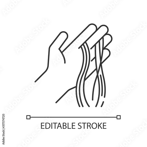 Hair strands on hand pixel perfect linear icon. Alopecia and hairloss. Dermatology issue. Thin line customizable illustration. Contour symbol. Vector isolated outline drawing. Editable stroke