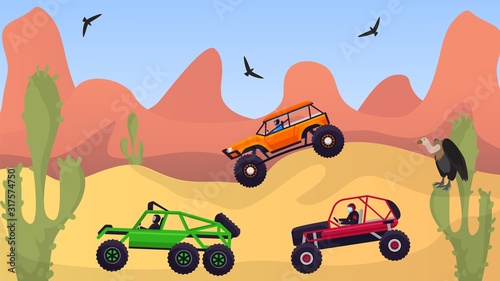 Racing rally cars off road in desert vector illustration. Group of drivers in SUVs vehicles at extreme hilly rocky terrain auto racing transportation. Western landscape, vulture birds, cactus.
