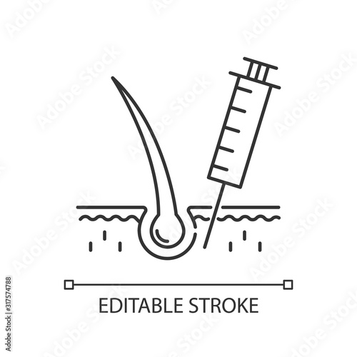 Hairloss injection pixel perfect linear icon. Medical therapy for baldness problem. Thin line customizable illustration. Contour symbol. Vector isolated outline drawing. Editable stroke