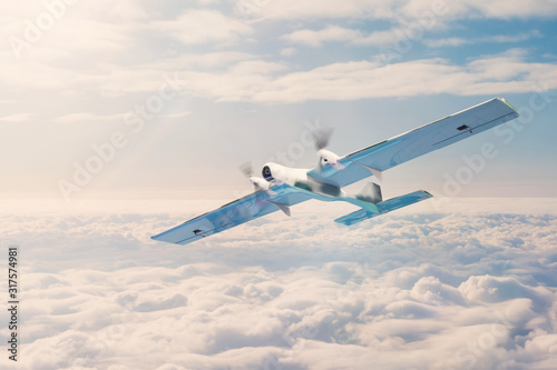Unmanned aerial vehicle with security cameras flies above the clouds.