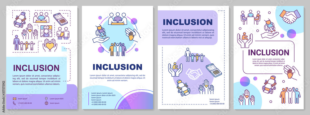 Inclusion brochure template. Disabled aid. Socialization, education. Flyer, booklet, leaflet print, cover design with linear icons. Vector layouts for magazines, annual reports, advertising posters