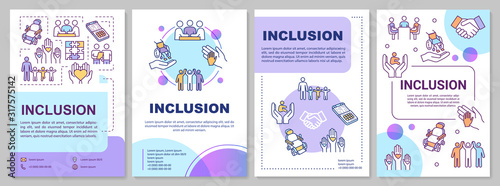 Inclusion brochure template. Disabled aid. Socialization, education. Flyer, booklet, leaflet print, cover design with linear icons. Vector layouts for magazines, annual reports, advertising posters