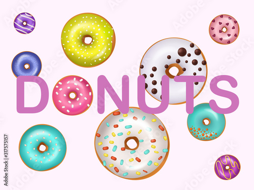 Donuts doughnuts vector illustration. Fried confection glazed dessert bakery product sweet food. Various color and size donuts and lettering isolated background wallpaper.
