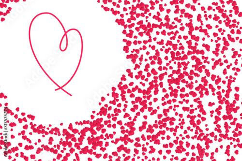 Abstract vector background for Valentine Day. Romantic greeting card made of small red confetti hearts scattered on white background. Round border frame.