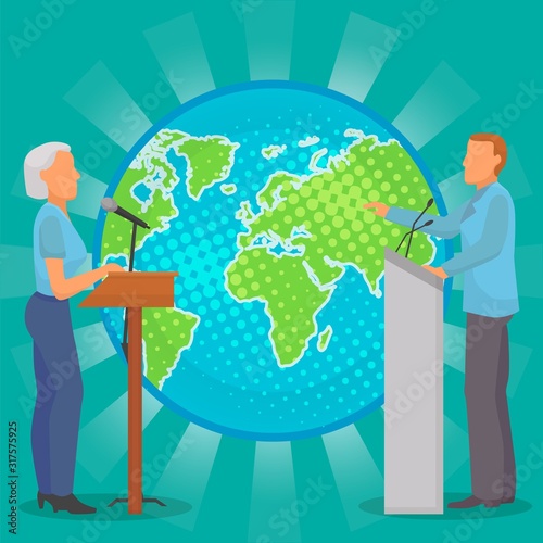 Dispute meeting of two people politicians, public or business figures about planet earth ecology nature vector illustration. Man and woman candidate opponents ecological environmental problems debate.