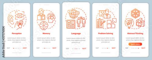 Cognitive processes onboarding mobile app page screen with concepts. Perception and language. Mental health walkthrough five steps graphic instructions. UI vector template with RGB color illustrations