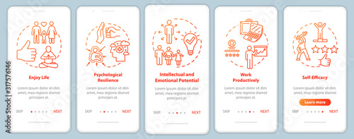 Mental health onboarding mobile app page screen with concepts. Enjoy life. Psychological wellness walkthrough five steps graphic instructions. UI vector template with RGB color illustrations