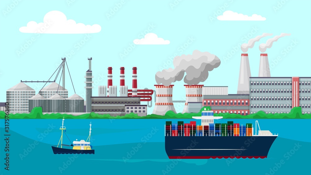 Obraz premium Vessels container ship sail past factory buildings vector illustration. Smoking industrial chimney pipes pollute environment with toxic fumes emissions. Plants, cargo transportation, boat building.