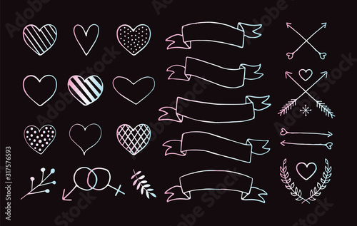 Vector set of holographic hand drawn doodle sketch elements isolated on black background. Bundle of valentines day hearts ribbons and arrows illustration