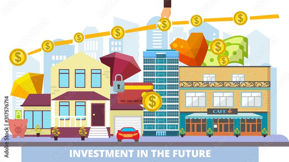Investment business in property, real estate with growing price in future vector illustration. Money financial investing in commercial building, houses with profit. Investment chart with dollar coins.