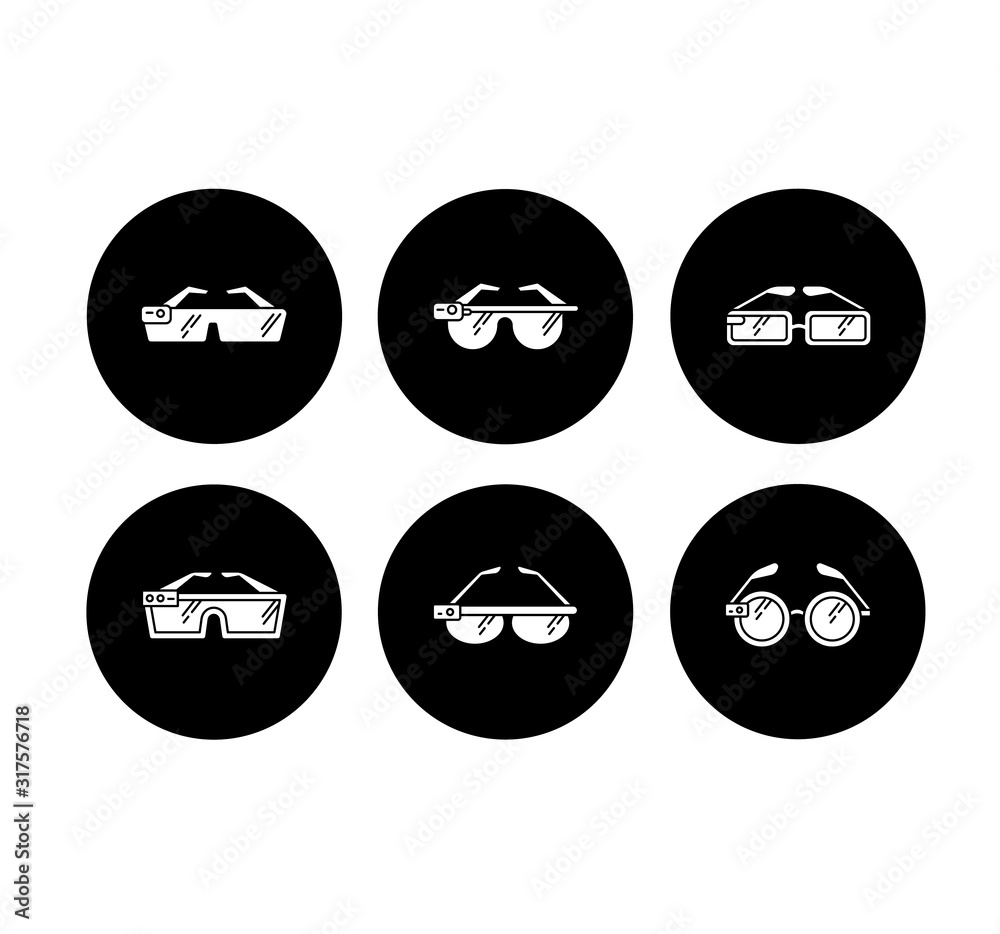 Smart glasses glyph icons set. Smartglasses. Wearable optical gadgets. Augmented reality technology. Monitoring. Mobile devices. Digital tools. Vector white silhouettes illustrations in black circles