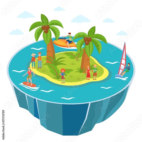Tourists water sport activities entertainments on tropical island beach vector illustration isometric. Windsurfing, surfing, jet skiing. Different people travellers couples, men, women.