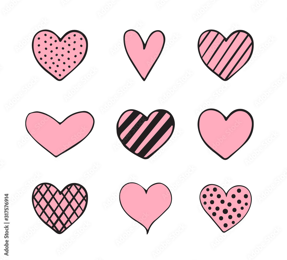 Vector set bundle of pink hand drawn doodle sketch hearts isolated on white background