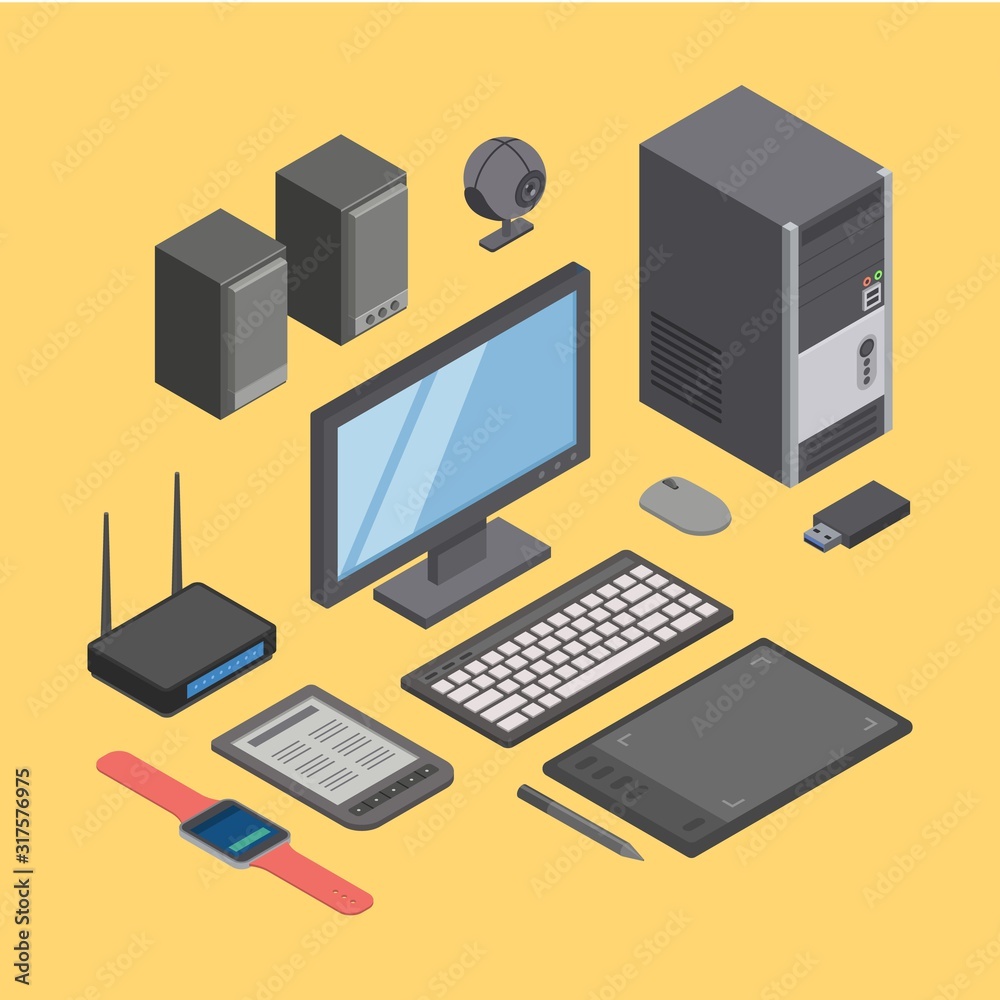Computer hardware, modern digital equipment home and office technique vector illustration isometric. Desktop electronic devices elements pc, monitor, tablet, keyboard, mouse, usb, router, speakers. Computer hardware, modern digital equipment home and office technique vector illustration isometric. Desktop electronic devices elements pc, monitor, tablet, keyboard, mouse, usb, router, speakers.