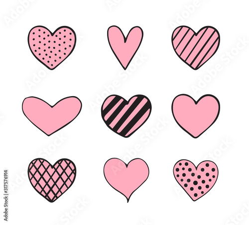 Vector set bundle of pink hand drawn doodle sketch hearts isolated on white background