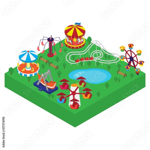 Amusement park vector isometric illustration. Different outdoors amusement attractions carousels, swings, ferris wheel, roller coasters. Park for children and family pastime, fun and entertainment.