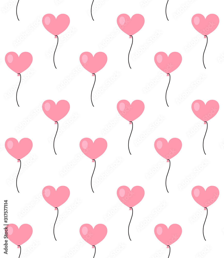 Vector seamless pattern of flat cartoon heart shaped pink air balloon isolated on white background