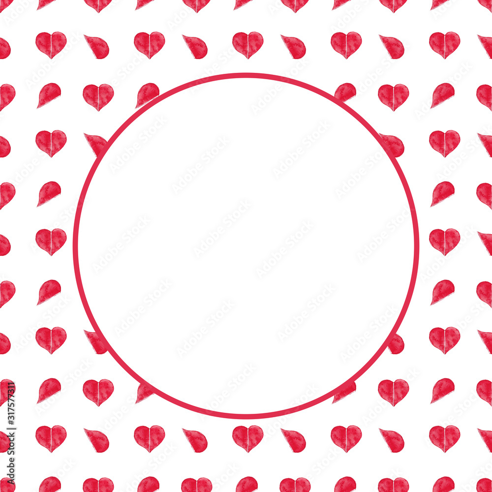 Round frame of watercolor red hearts on a white background. Use for valentines day, wedding invitations, birthdays, menus and decorations